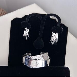 Stella & Dot Hammered Silver Cuff Bracelet and Hoop Earrings Set